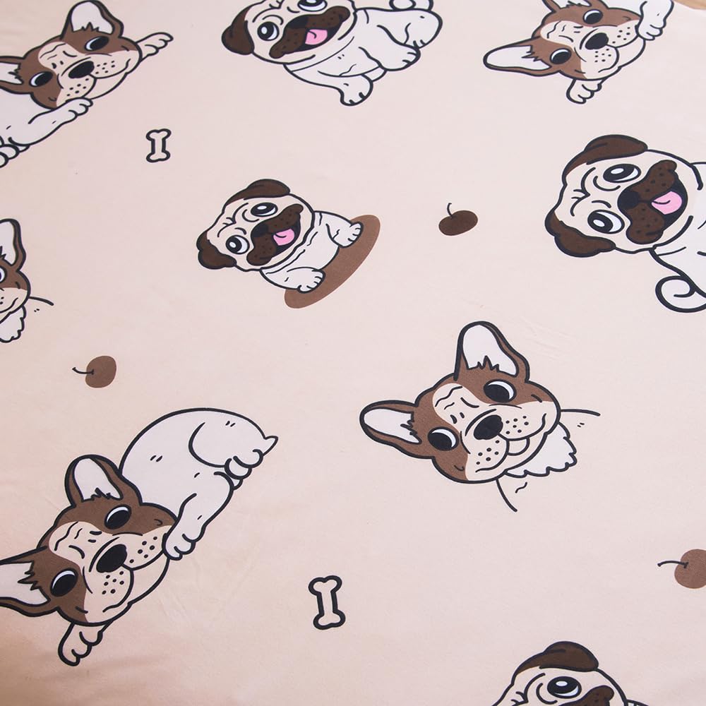 KWLOVER 2PC Soft Bed Fitted Sheet and Pillowcases Set,Cute Doggy Puppy Bulldog Pattern Printed Bed Sheets for Kids Boys Girls Twin Size Bed (Light Brown, Twin)