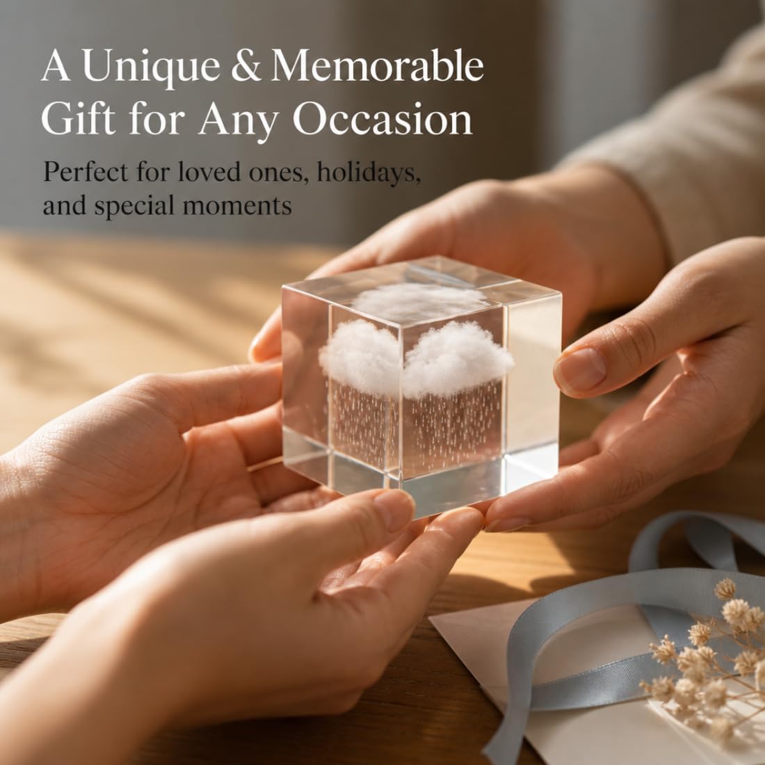 VOXTURA Small Decorative Paper Weight - Aesthetic Cute Crystal for Desk Shelf Sitter Office Decor - Rain Cloud Cube, Stress Relief Gifts for Coworkers (2.4")