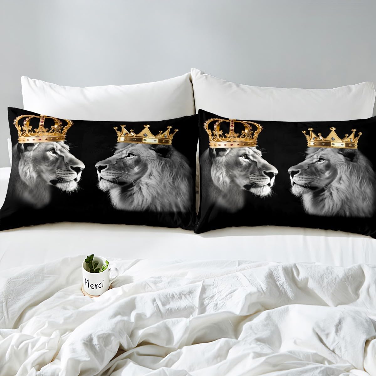 Castle Fairy Wild Lion Couple Bed Sheets King Size,Gold King and Queen Crown,Quality Brushed Microfiber Luxury Bed Sheet with Flat,Tropical African Animal Fitted Sheet, with 2 Pillowcases