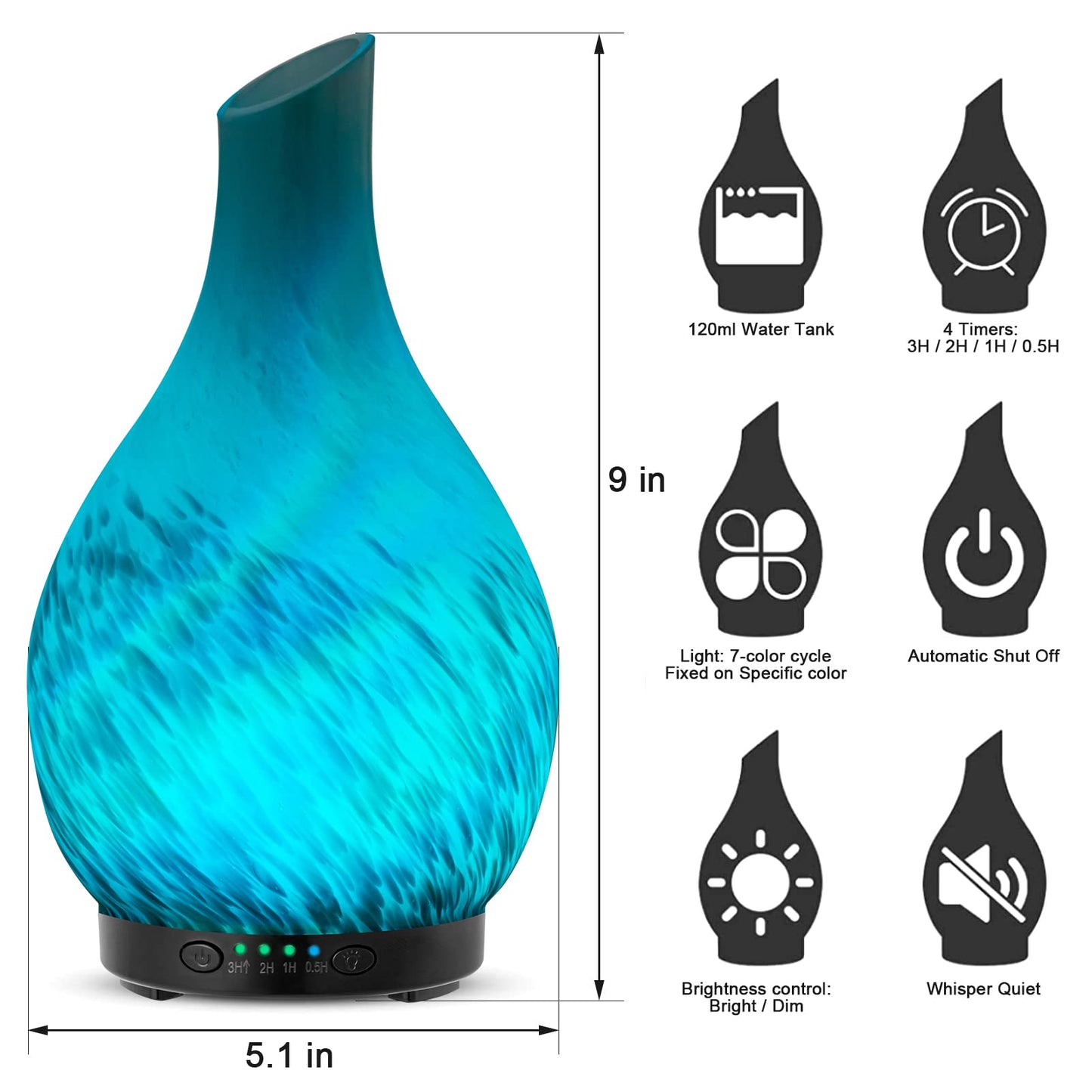 MAXWINER Essential Oil Diffusers Ultrasonic 3D Glass Aromatherapy Diffuser, Auto Shut-Off, Timer Setting, 7 Colors LED Lights Changing for Home, Office, Spa 120ml