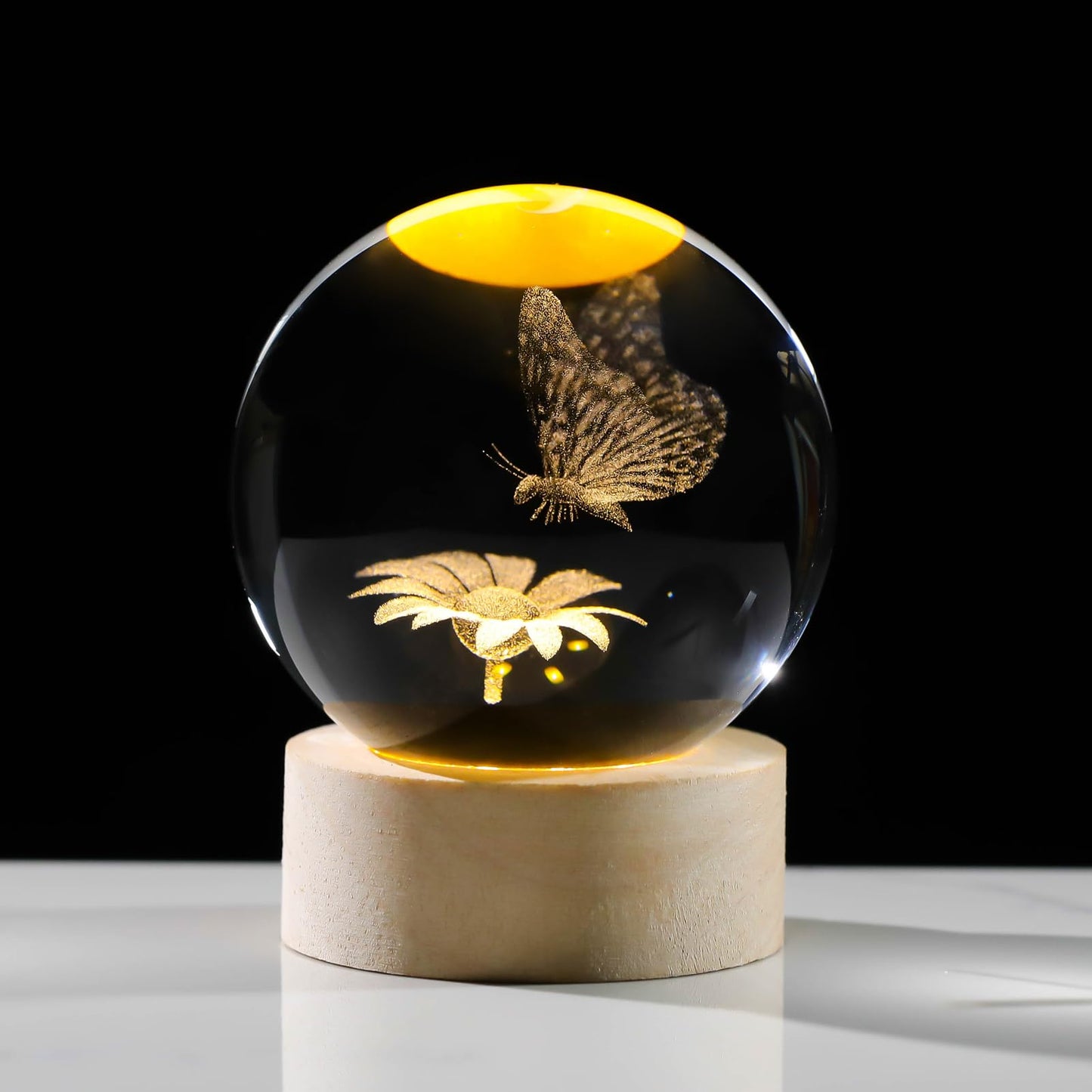 Arikyrist 3D Crystal Butterfly Figurines with Wooden Base, 3D Butterfly Crystal Ball Night Light Collection Gifts, Home Decor