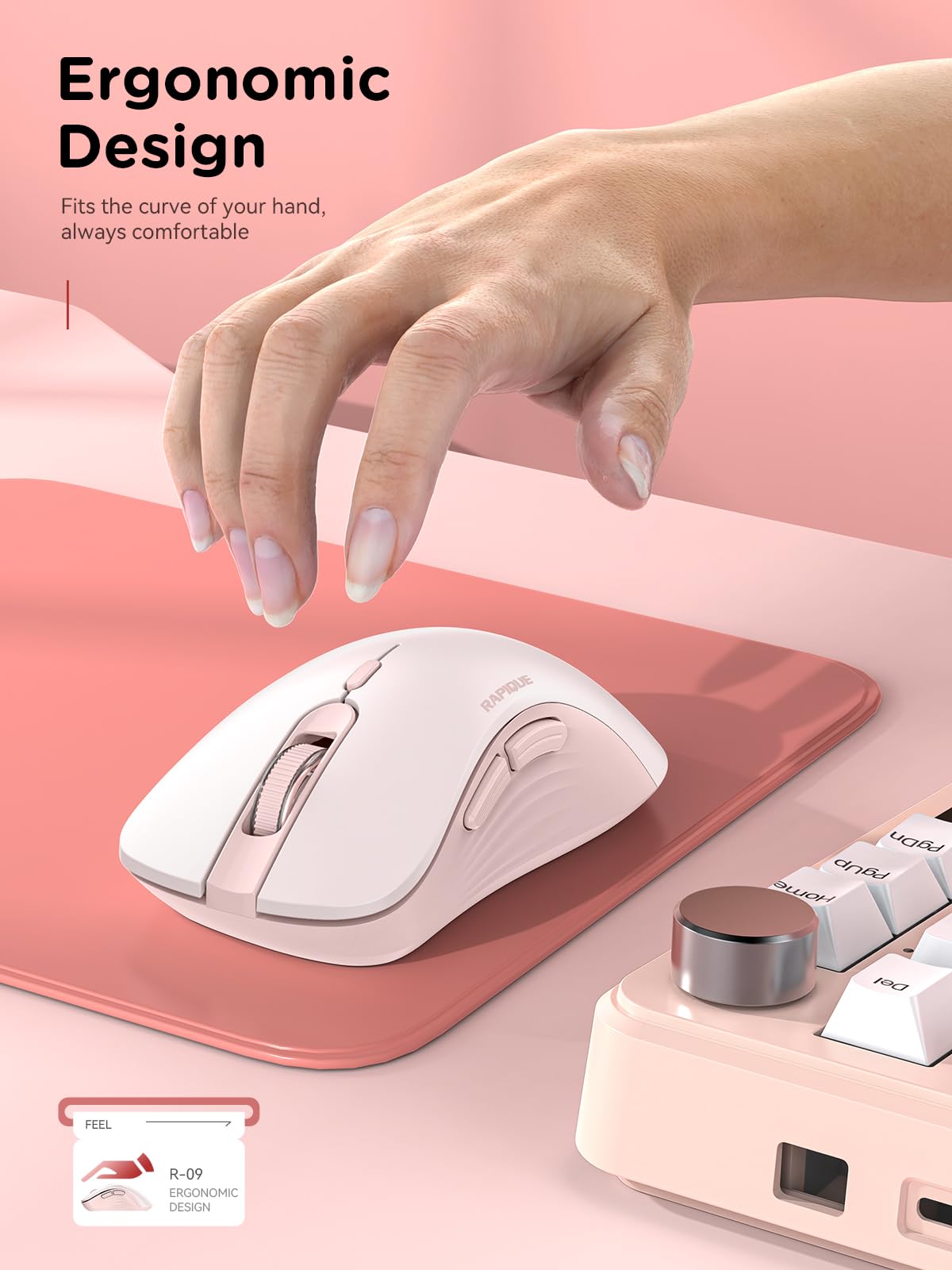 RAPIQUE Bluetooth Wireless Mouse - Dual Bluetooth & 2.4 GHz USB Receiver, Ergonomic Design, Quiet Clicks, Low Power - Multi-Device Compatibility for MacBook, Laptop, Computer, iPad Air/Pro (Pink)