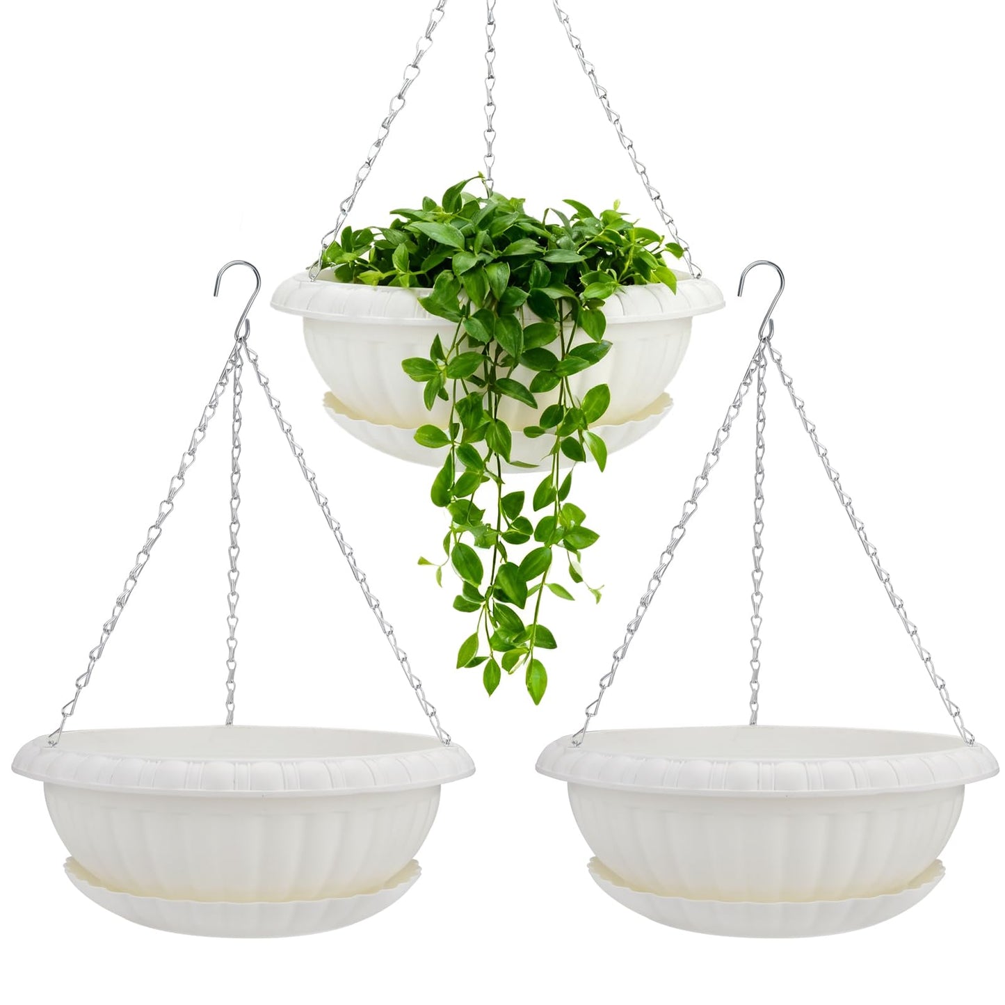 summer flower 3 Pack Large Hanging Planters 12.59in Plastic Plant Pots with Drainage Holes & Trays for Indoor Outdoor Garden Wall Window Decor (White)