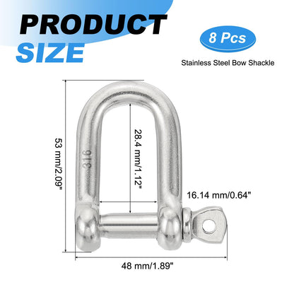 PATIKIL 5/16"(7.74mm) 882lb 316 Stainless Steel D Shackle, 8Pcs Heavy Duty Screw Pin Shackle Marine Grade for Chains Wire Rope Outdoor, Silver