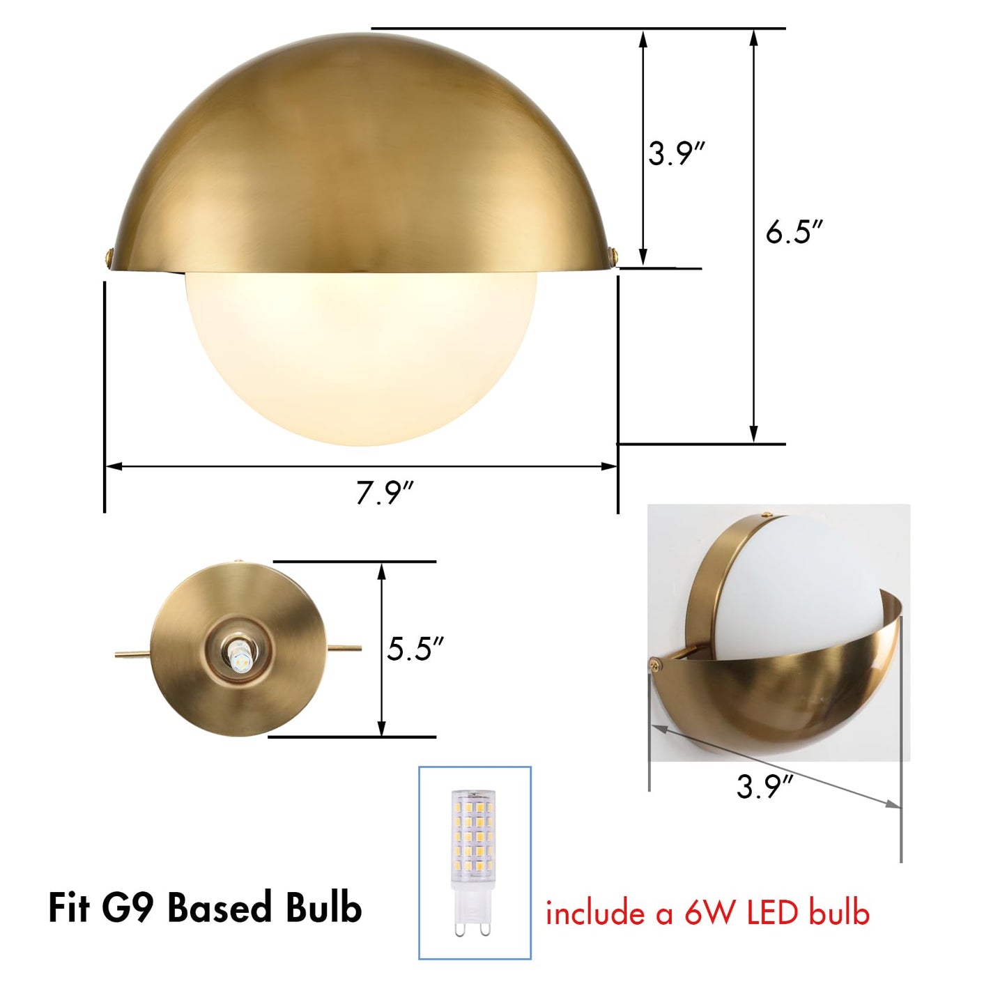YUBOLE Mid Century Wall Sconce Modern Gold Bathroom Vanity Light Over Mirror with Adjustable Metal Shade and Milky Glass Globe G9 Based Indoor Wall Lamp Wall Mounted Sconce
