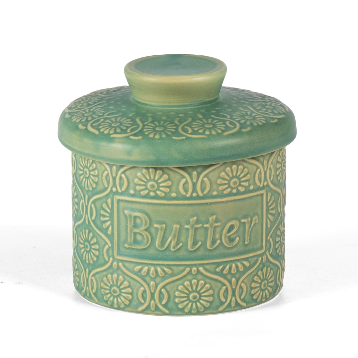 KAMMAK Butter Crock with Lid - Ceramic Butter Keeper for Countertop, Soft Spreadable Butter Dish with Water Line, Housewarming Gifts, Kitchen and Home Decor, Kiln-Changed Green - 6.7oz