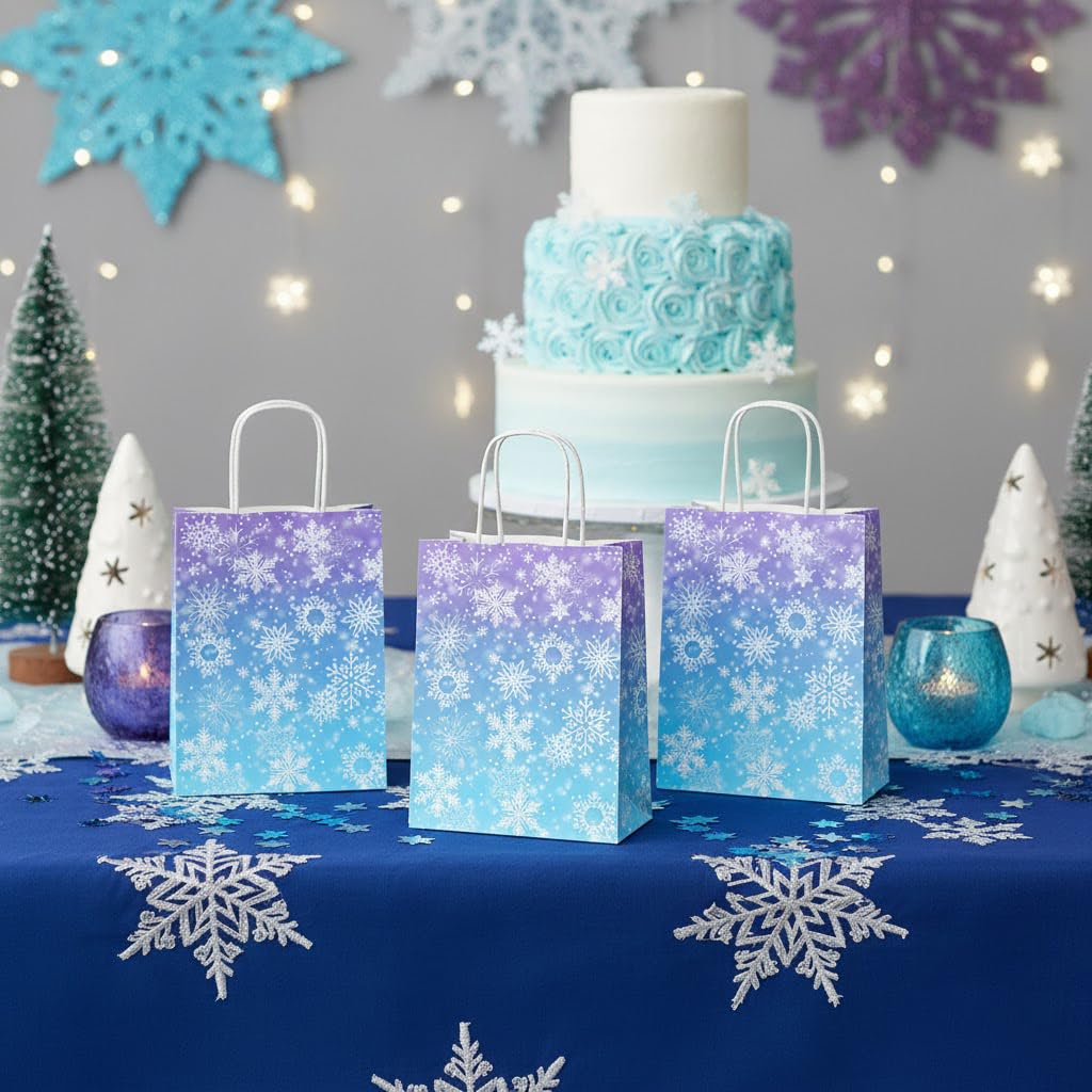 JOYGATHER 24 Pcs Snowflake Party Favor Bags with Handles - Winter Themed Goodie Gift Candy Kraft Paper Bags for Holiday Birthday Party Supplies Decorations