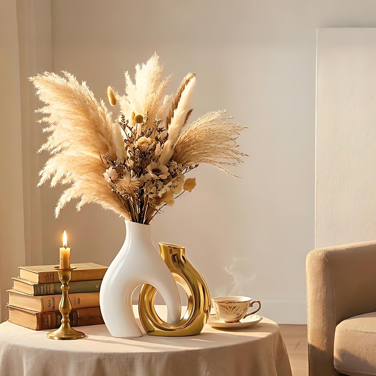TZIZO Gold Vases Set of 2, Ceramic Flower Vase for Home Decor