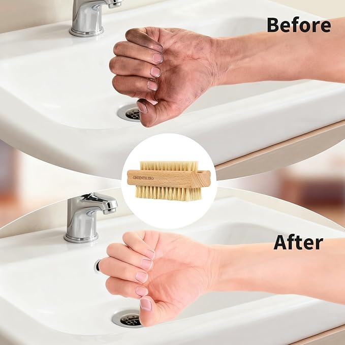 2 Pack Firm Boar Bristle Nail Brush, Hard Beech Wood Handle, Two Sided