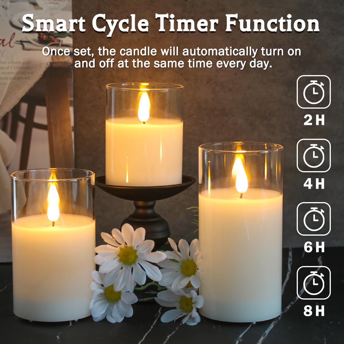 LEDHOLYT Rechargeable Flameless Glass Pillar Candles–Gifts for Women,–Set of 3, Realistic Flickering LED Flame,Remote & Timer, Ideal for Living Room, Bedroom & Halloween Festival Home Party Decor