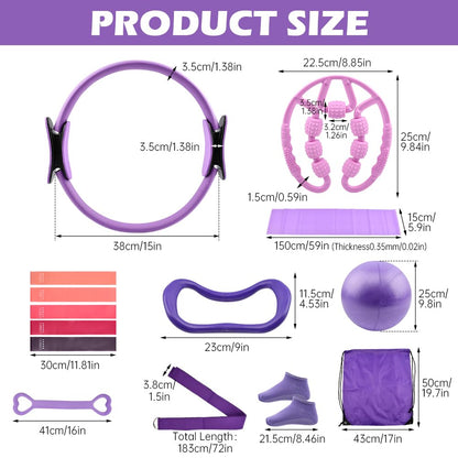 Pilates Essentials Kit for Women, 14 Pcs Pilates Equipment for Home Workouts with Yoga Circle Ball Ring, 5 Resistance Bands,Pedal Puller Resistance Band,Anti Slip Socks for Starter Set Accessories