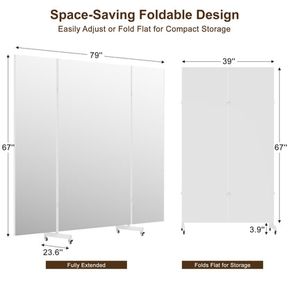 Full Length Stand Up Mirror on Wheels,79''×67'',Large Tri-Fold Floor Mirror with Stand,Movable 3-Way Full Length Standing Mirror for Gym, Dance Studio, Fitness Room, and Home (Whtie)