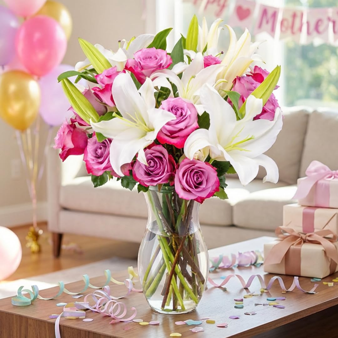 Benchmark Bouquets - Oriental Lilies & Purple Roses - Fresh Flowers for Delivery - Mothers Day Flowers - Mothers Day Gifts for Mom - Gifts for Wife - Long Stem Roses (Glass Vase Included)