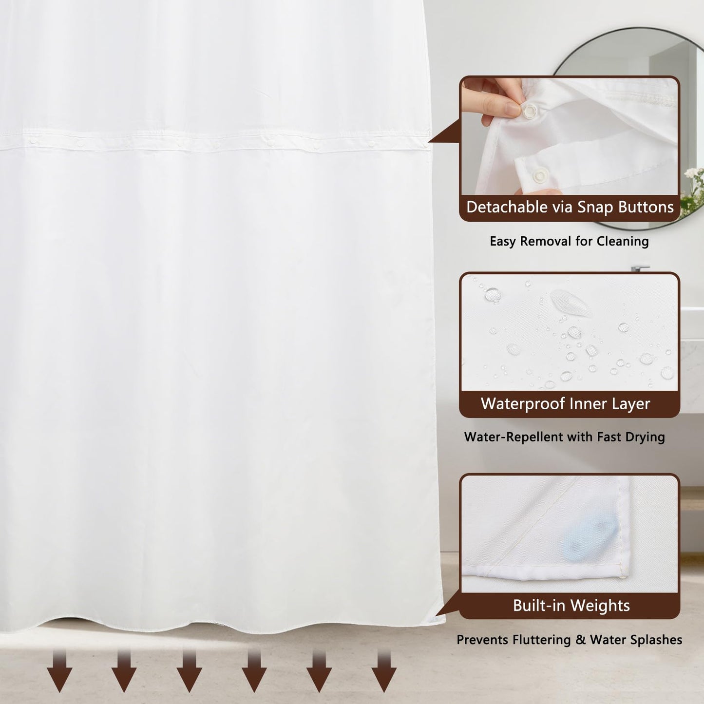 NAEMBCU No Hook Shower Curtain with Snap-in Liner 71x74 Inch