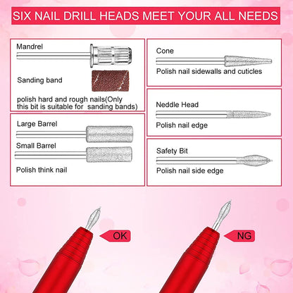 Portable Electric Nail Drill File Machine with Acrylic Nail Kit Set Professional 20000rpm Manicure Pedicure with Sanding Bands Brush for Nail Art Gel Nail Polish Tips Clippers