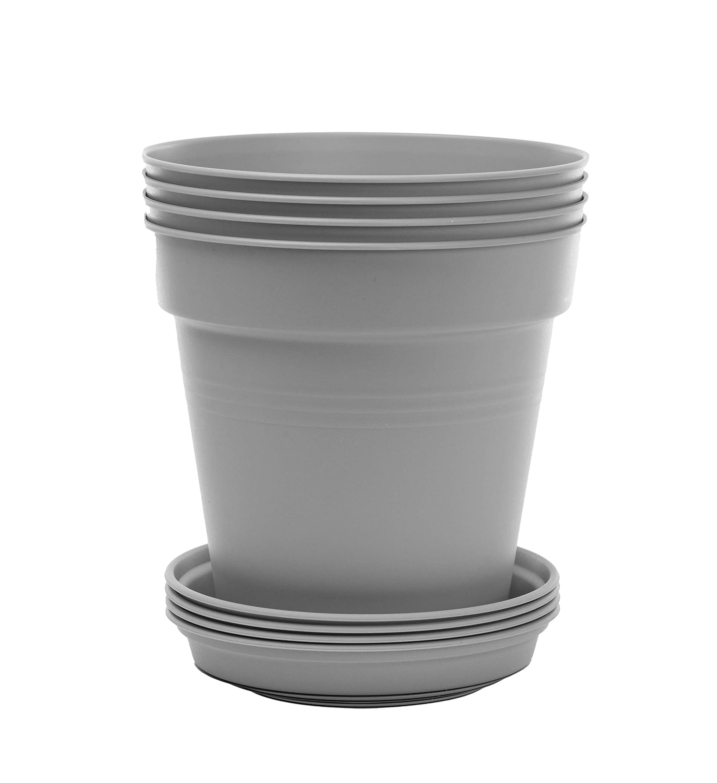 Mintra Garden Pots, 4 Pack Bulk Plastic Plant Pots with Drainage Tray, Round Indoor & Outdoor Decorative Planters with Drain Holes for Flowers, Herbs & Plants, 17cm Diameter – Grey, 6.6 in