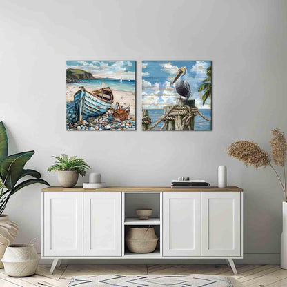 Bathroom Decor Beach Wall Art Ocean Theme Blue Picture Canvas Print Modern Coastal Artwork Framed Hanging Dining Office Living Room