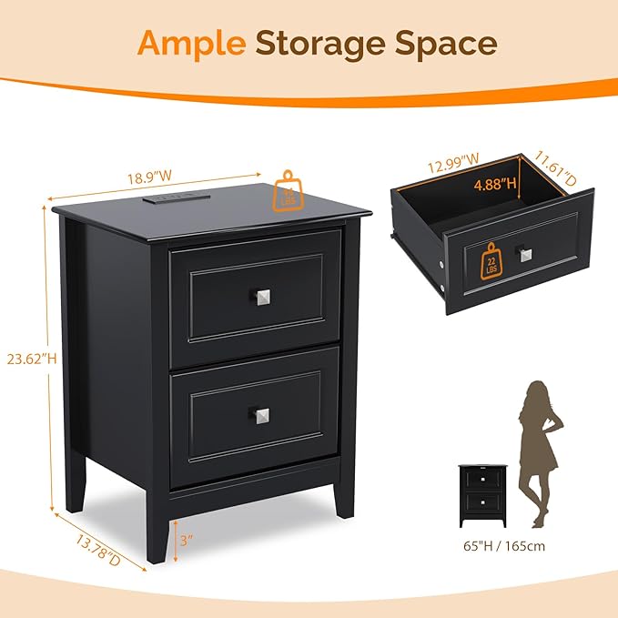 VINGLI 18.9" W Black Nightstand Set of 2