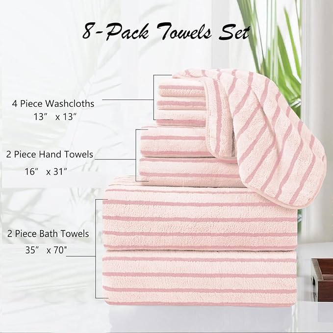 Oliven 8 Pcs Pink Cabana Stripe Large Bath Towels Set Oversized Bath Sheet-2