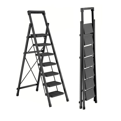 7 Step Ladder with Platform, Folding Step Stool Heavy Duty, Portable Step Ladders with Anti-Slip Widen Pedals, Handrail, Safe-Lock Design, Tall Kitchen/Closet Step Ladder for Adults,Carbon Steel