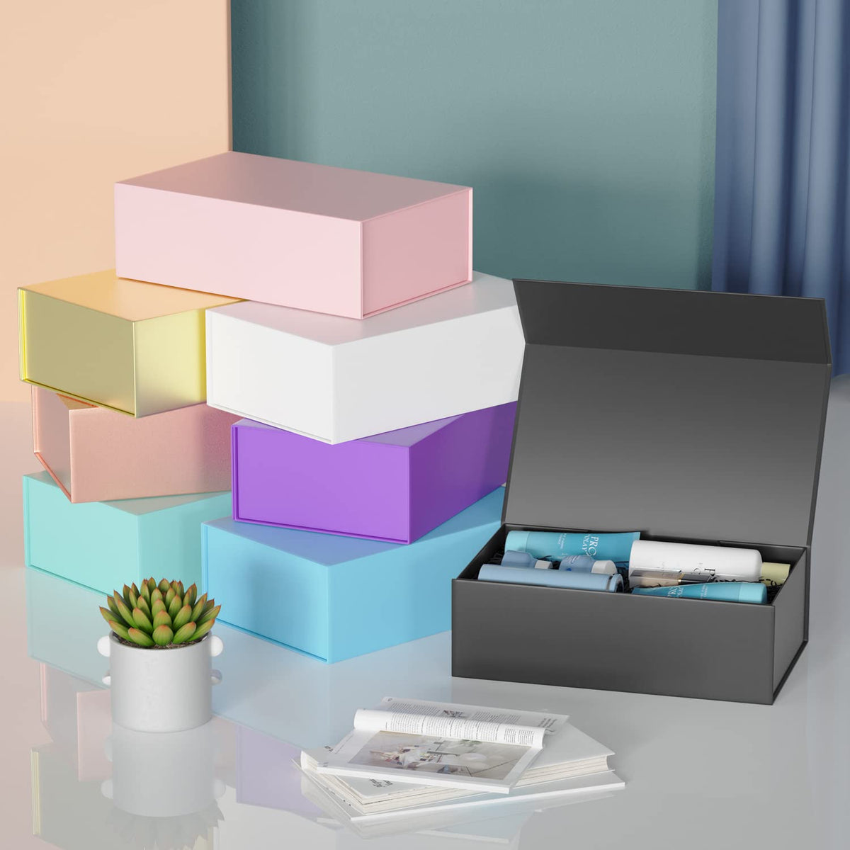 RYDDOY 5 Pack Black Gift Box, 9.5x6x3'' Gift boxes for Presents with Lids Magnetic Closure Rectangle Collapsible for Groomsman Proposal Box, Wedding, Christmas, Halloween, Birthday Gift Packging
