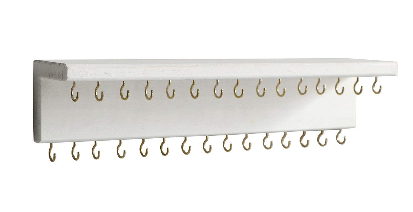 SANY DAYO HOME Jewelry Organizer with 30 Hooks and Cosmetics Shelf, 15 x 3 x 4 inches Wall Mounted Rustic Pine Wood Holder for Necklaces and Bracelets, Suitable for Kids and Adults (Retro White)