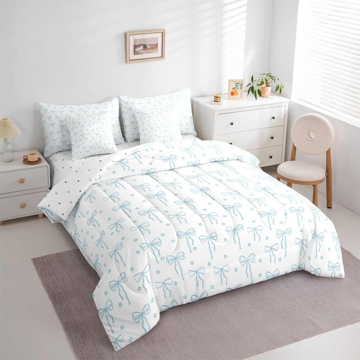Castle Fairy Blue Bow Comforter Sets - 7 Pieces Full Size,Bow Print All Season Reversible Bed in a Bag Flower Floral Bedding Set Princess Flat Sheet,Fitted Sheet,Pillowcases