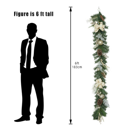 LinTimes Christmas Garland with 20 Led Lights, 6 Ft Pre-Lit Gold Xmas Garland with Faux Antlers Bow-Knot Ball Ornaments, Battery Operated Garland with Timer for Mantle Staircase Table Decoration