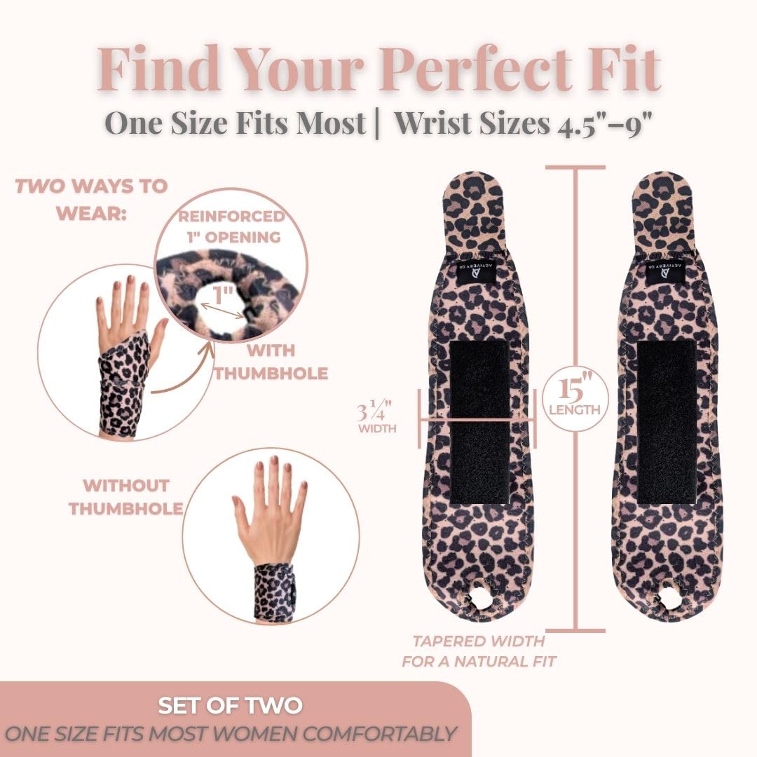 Activery Co. Carpal Tunnel Wrist Brace Left Hand, Right Hand for Women, Day or Night Compression Wrist Support Brace for Fitness, Keyboard Use, or Overnight Support, 2 Pack, Leopard Print