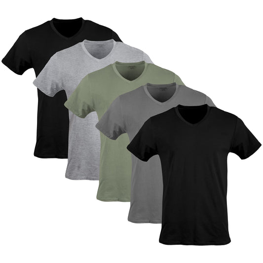 Gildan Men's V-Neck T-Shirts, Multipack, Style G1103, Black/Sport Grey/Charcoal/Military Green (5-Pack), Small