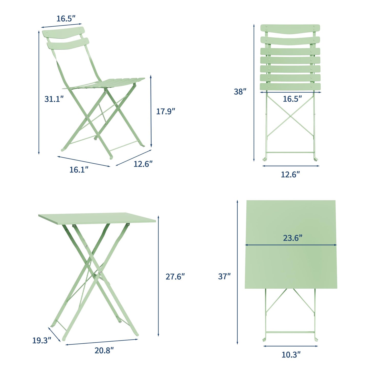 Garvee 3-Piece Patio Bistro Set – Metal Frame Folding Patio Furniture, Outdoor/Indoor Bistro Table and Chairs Set, No Assembly Needed, for Balcony, Yard, Garden, Green
