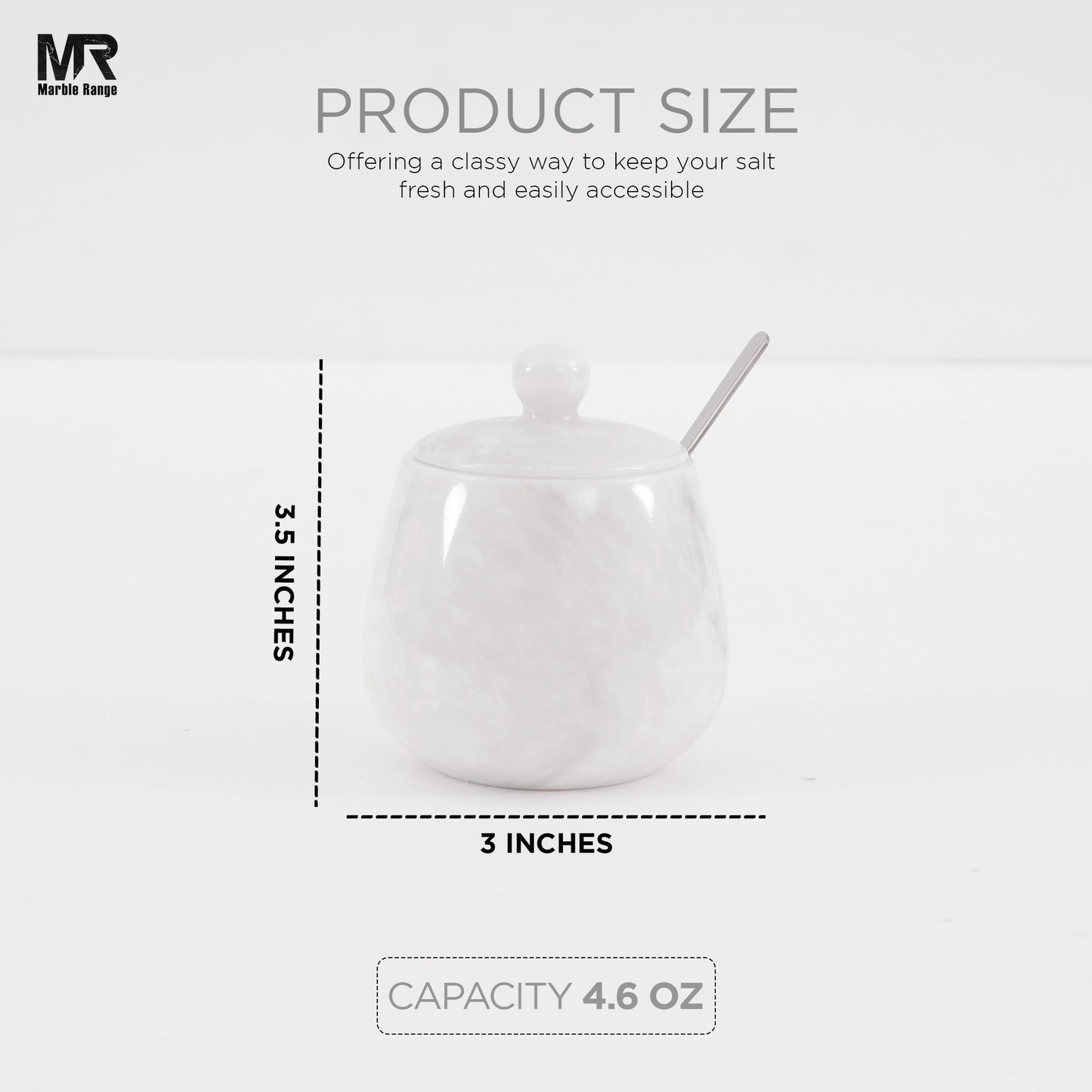White Marble Salt Cellar – 3.5 Inch Salt Jar with Lid, Table Salt Container, Salt Dish, Salt Holder, Spice Jar, Sugar Bowl, Seasoning Container, Salt Dispenser for Kitchen Counter Decor