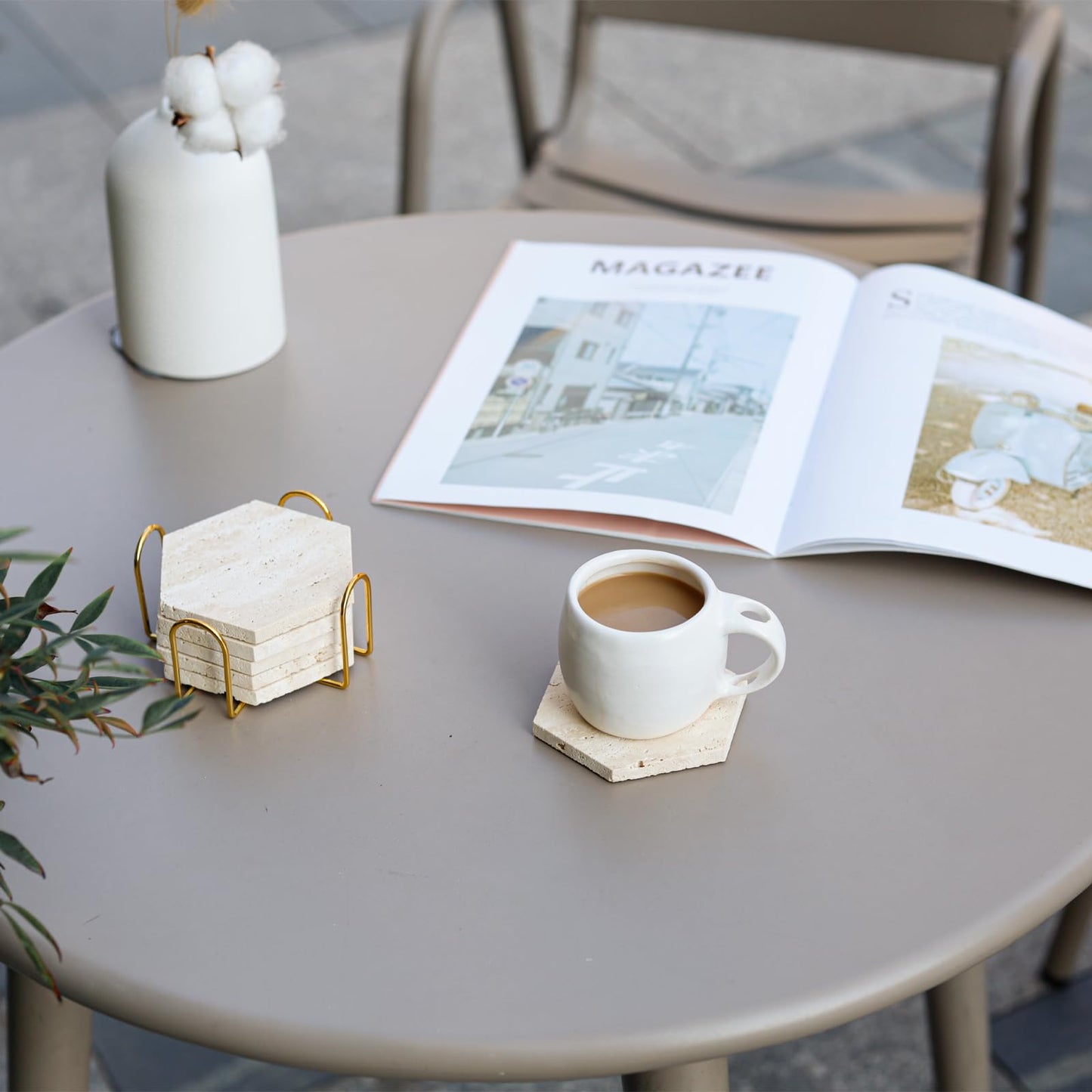 YONGHEE Travertine Coasters Set of 6 with Holder, Hexagonal Rustic Farmhouse Beige Marble Drink Coasters for Coffee Table Decor, Porous Stone Absorbent Coaster for Drinks, Velvet Backed