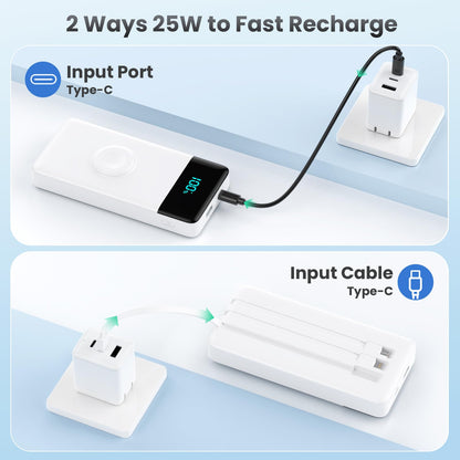 Wireless Portable Charger 40800mAh with 3 Built-in Cables,7-in-1 15W Wireless Charging Power Bank,25W PD QC 4.0 Fast Charging USB C LCD Display Battery Pack for iPhone 17/16/15/13,Samsung,Android etc