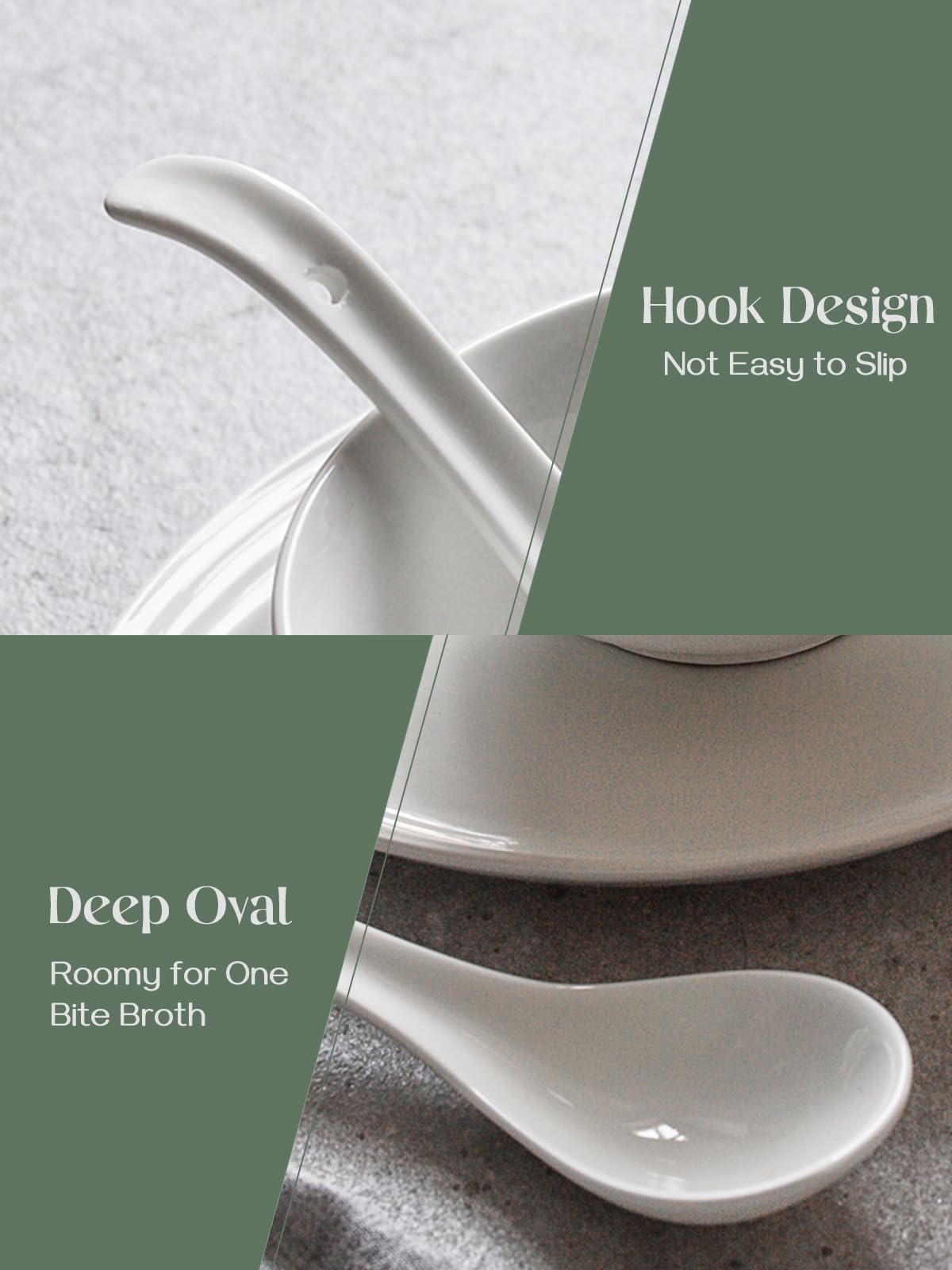 DOWAN Soup Spoons, Ceramic Asian Soup Spoons, White Japanese Spoon Large for Ramen Pho Wonton Dumpling Miso, Deep Oval Hook Design, Set of 4 (4, Soft white)