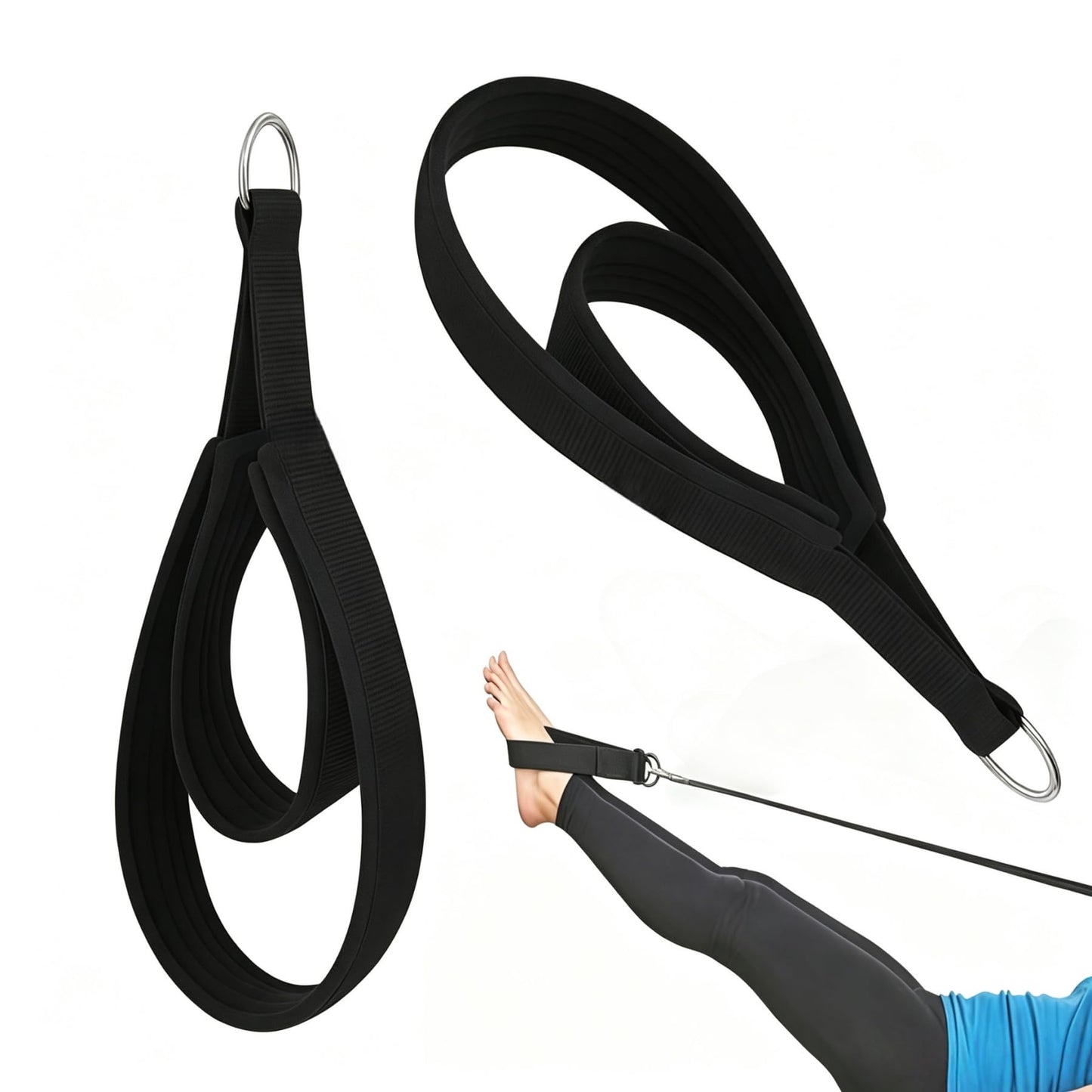 2Pcs Pilates Straps D-Ring Double Loop Exercise Straps for Reformer, Home Gym (Black)