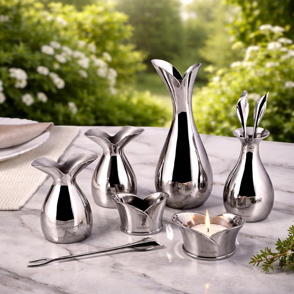 Gdesign Stainless Steel Home Decor Accessory Set, Flatware Table Set with Small Vase, Dessert Fork and Holder, Napkin Ring, Salt and Pepper Shaker, Tealight Candle Holder, Gift for Wedding, Birthday
