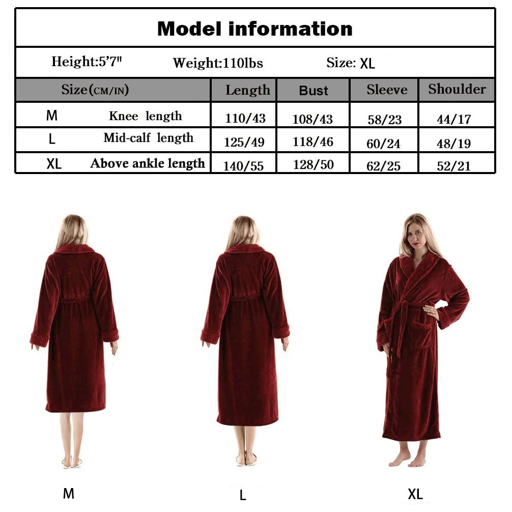 Dressing Gown Women Full Length Robe Plus Size Fleece Winter Warm Bathrobe, UK14-20(label XL), Wine Red