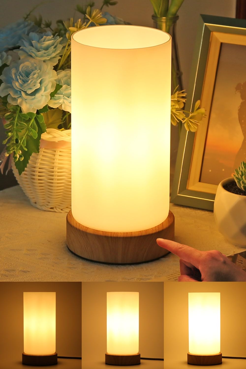 HSLighting Bedside Lamps, Touch Control Glass Table Lamp 3-Way Dimmable Wooden Grained Base Small Touch Lamps Bedside Minimalist Nightstand for Living Room Bedroom Children Room Decor with LED Bulb