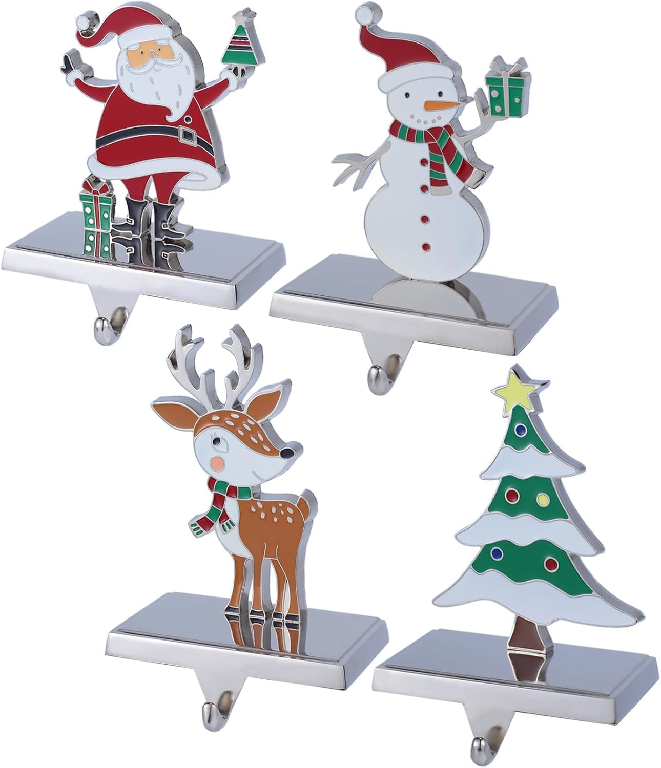 Baseo Christmas Stocking Holders Set of 4 Metal Christmas Stocking Holders for Fireplace-Xmas Deer Snowman Tree Santa Christmas Stocking Holder for Mantle-Stocking Hangers for Fireplace Topper