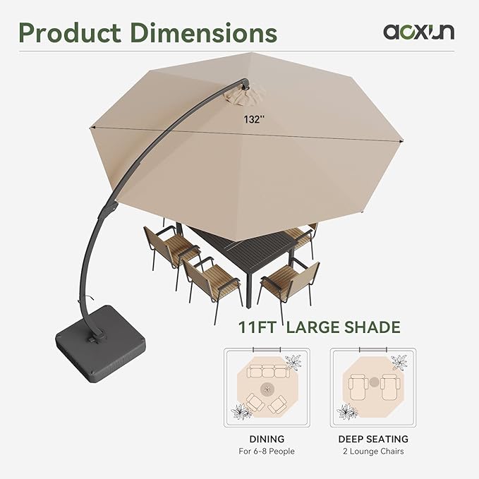 Aoxun 11 FT Cantilever Umbrella with Base Included, Patio Large Aluminum Offset Umbrella Windproof with 360°Rotation, Heavy Duty Frame for Outdoor, Pool, Deck and Garden