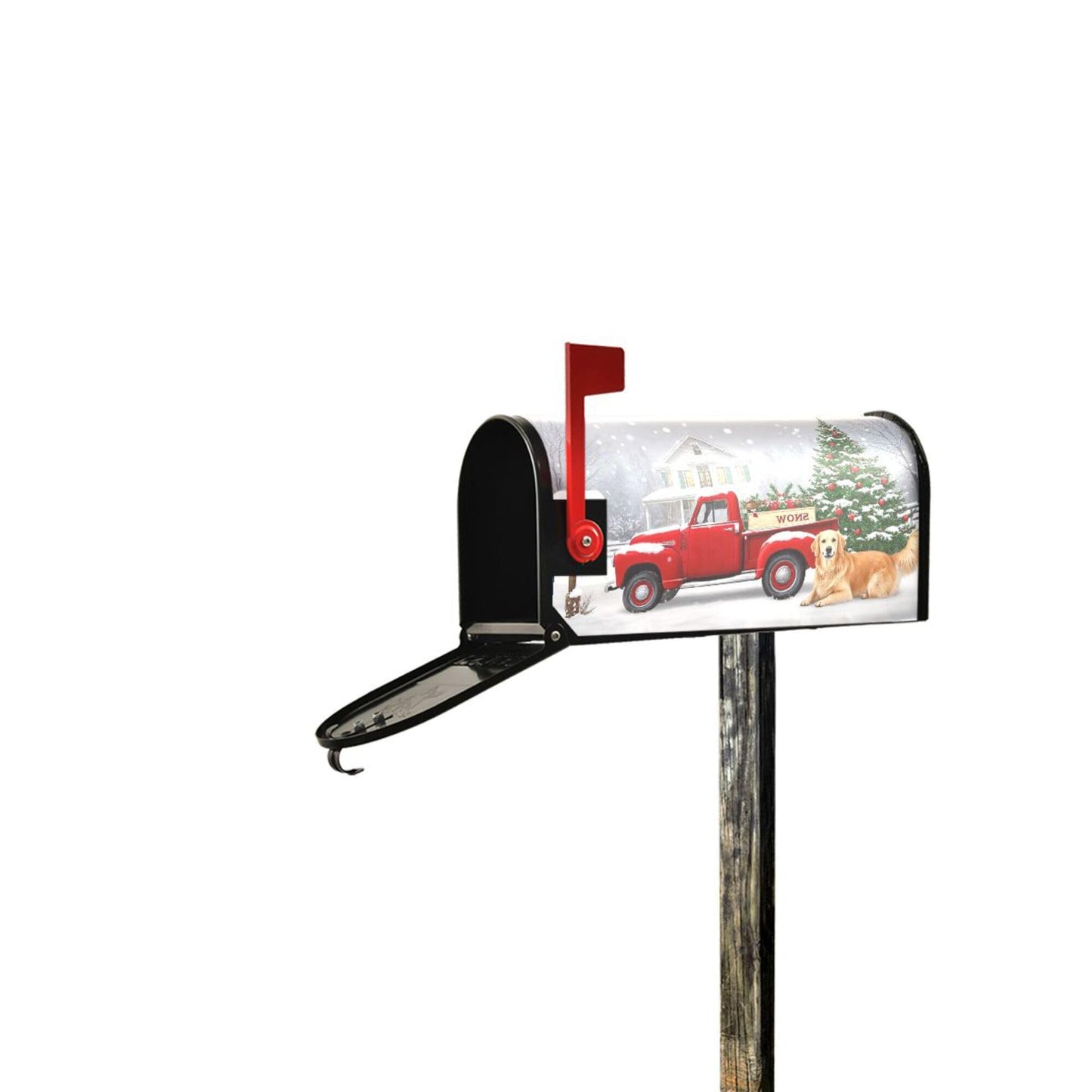 Christmas Tree Red Truck Magnetic Mailbox Covers Winter Snow Golden Retriever Dog Mailbox Cover Over Size Full Magnet Garden Yard Porch Mail Boxes Cover Holiday Decorations 25" L x 21" W