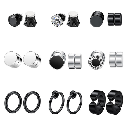 Non-piercing Magnetic Punk Earrings Set: 18PCS Stainless Steel Fake Cheater Studs Clip On Jewelry Set for Men Women