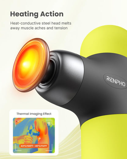 RENPHO Mini Thermal Massage Gun with Heat, Portable Deep Tissue Percussion Massager, Color Silicone Sleeves Travel Size with Carry Case, Grey