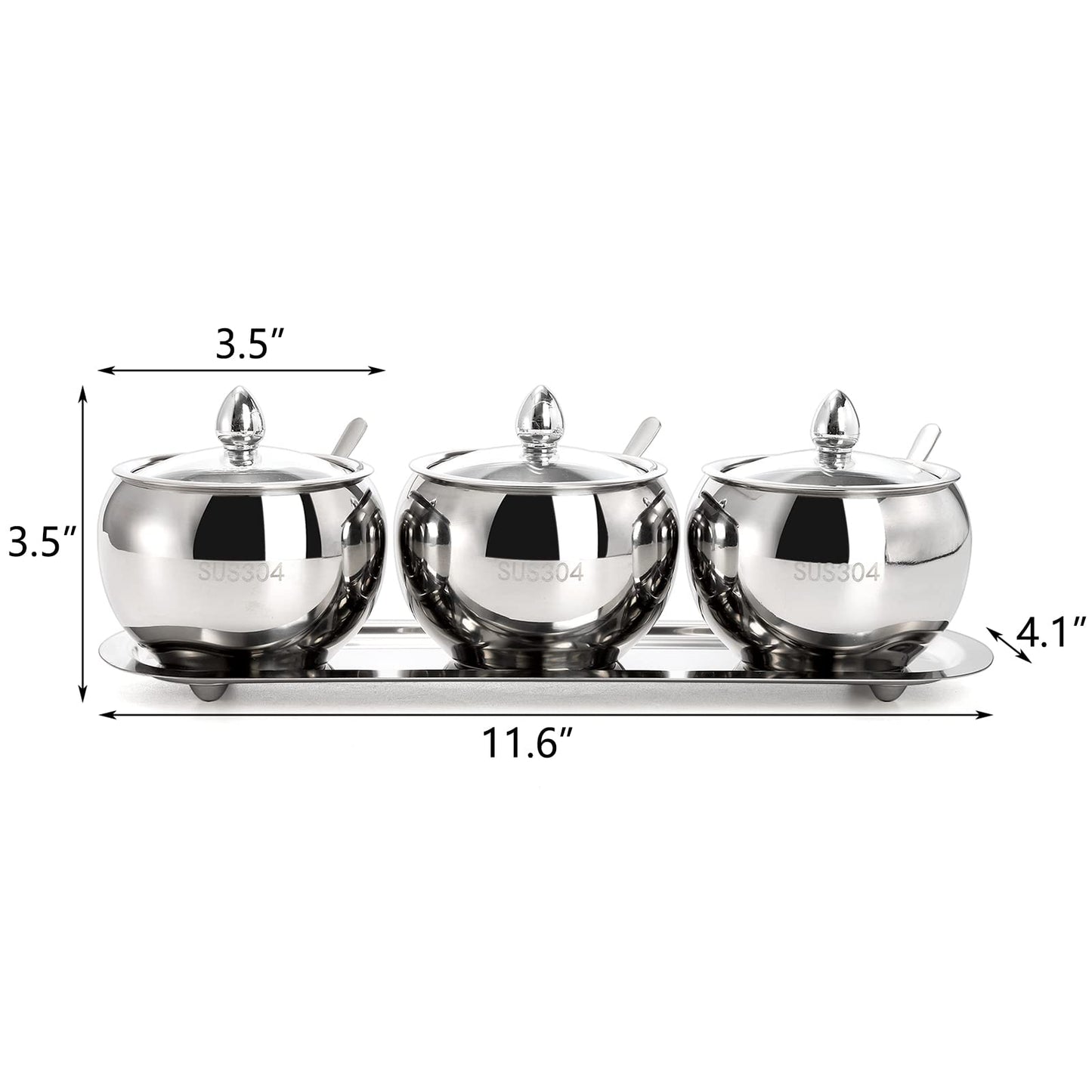 Hedume 3 Grids 304 Stainless Steel Seasoning Containers Set with Lid Spoon and Tray, Condiment Jar Spice Container, Condiment Canisters Pots for Serving Sugar, Pepper, Salt, Spice