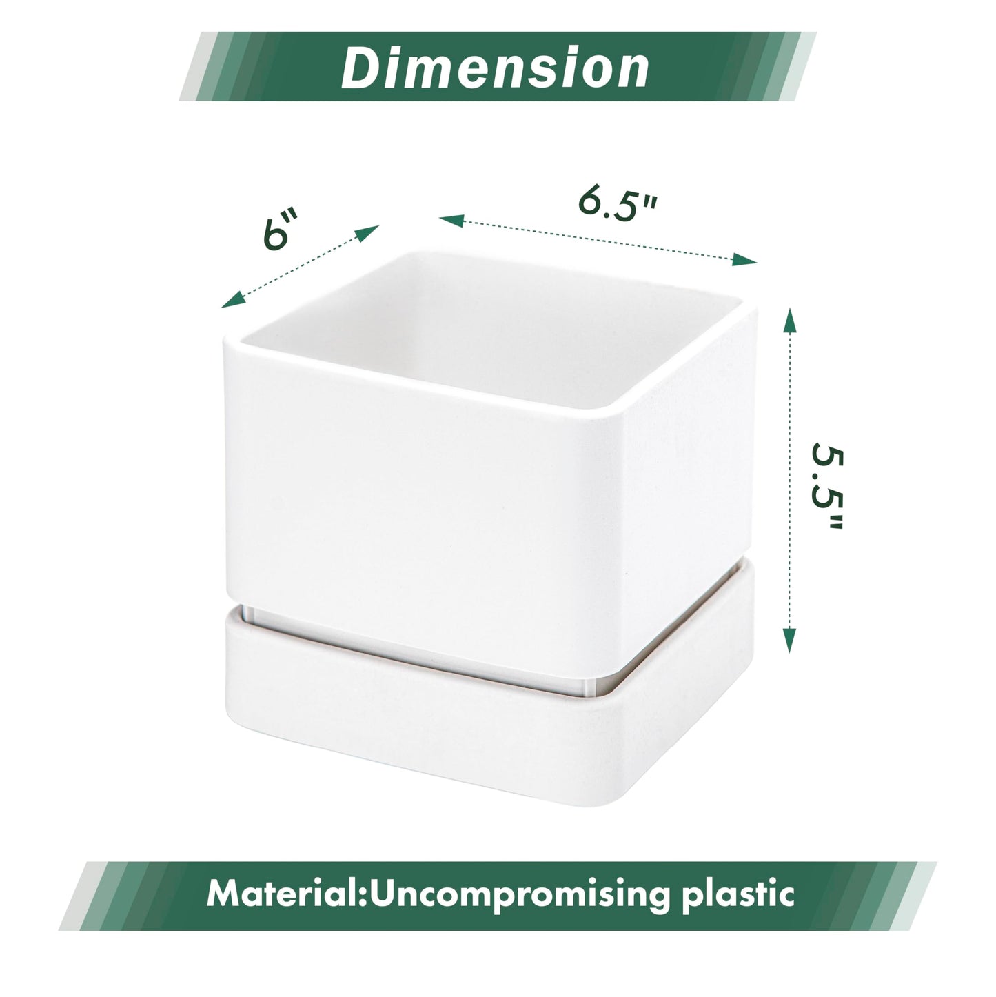 D'vine Dev 6 Inch Herb Planter Pot, Plastic Planter with Drainage Holes and Saucer, Modern Decorative Gardening Pot for Indoor Plants, Flowers, Herbs, Succulents, White, Set of 4, 76-Y-A4-2