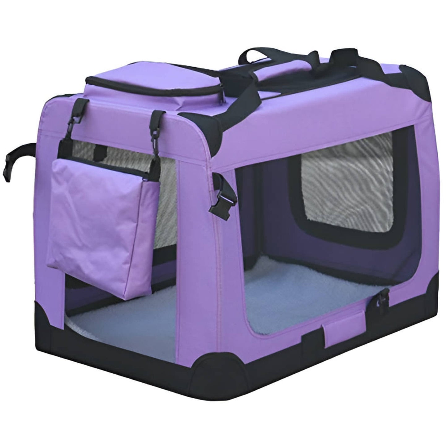 HugglePets Foldable Fabric Pet Crate Carrier - Purple (Large 70 x 52cm) Lightweight & Ventilated Double Door Carrier for Dogs & Cats with Sheepskin Mat. Ideal for Home & Travel.