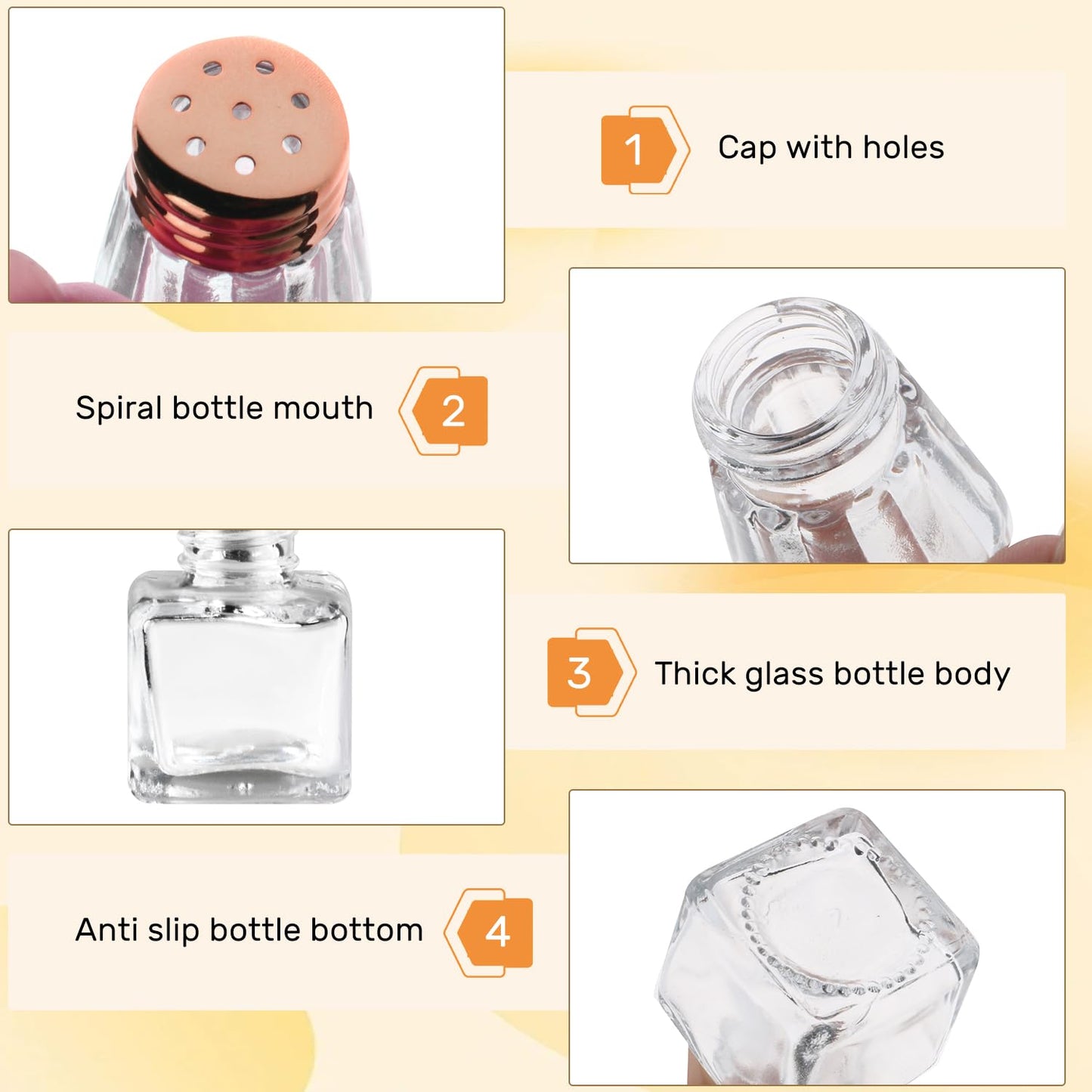 BOSMIOW 6Pack Small Glass Spice Jars with Rose Gold Cap,Clear Mini Salt Holders,Durable Pepper Shakers,Empty Seasoning Powders Containers for Kitchen Restaurants