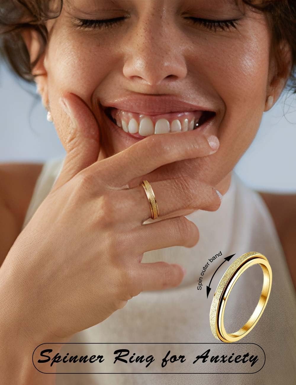 Diamday Fidget Rings for Women Men - 2mm Gold Spinner Stainless Steel Ring for Anxiety Stress Relief Glitter Sandblast Spinning Figit Anxiety Jewelry for Wedding Promise Size 8