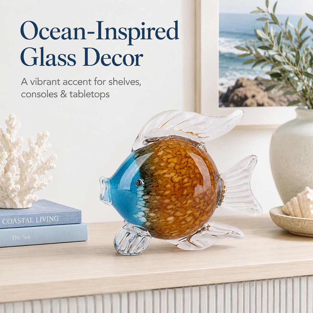 QIANLING Glass Fish Figurines - Coastal Home Decor, Modern Ocean Centerpieces for Living Room, Dining Area, Bathroom, Office, Coffee Table, Beach House, Nautical, Seaside, Entrance, Shelf Display